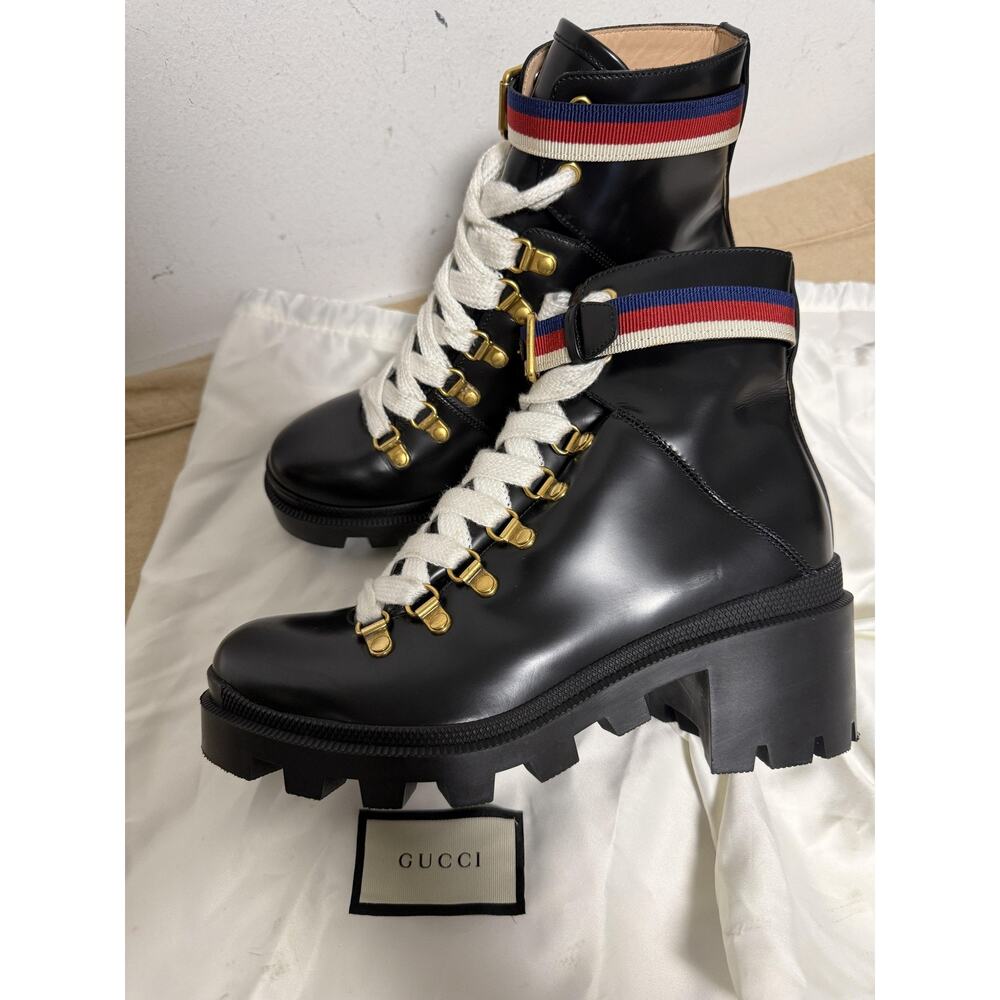 Gucci Boots Womens Size 37 Black Leather Combat Ankle Strap Lug Italy 481156